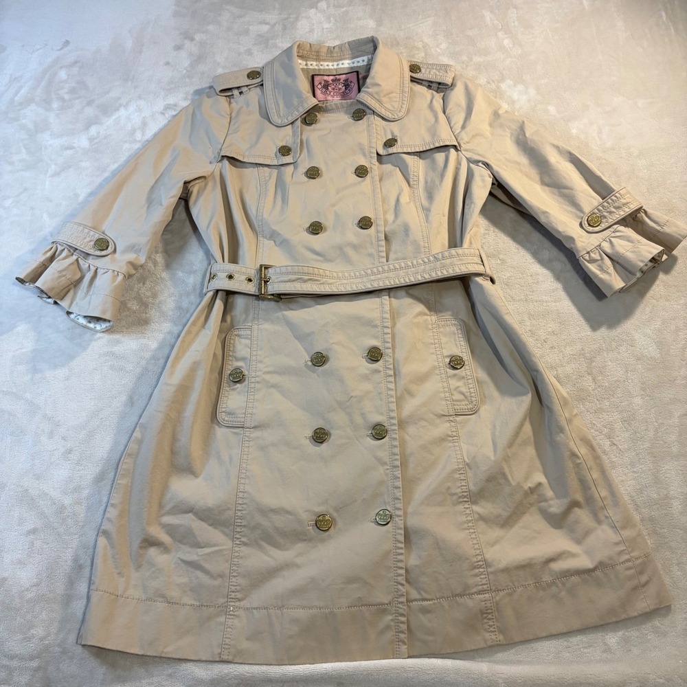 Juicy Couture Y2K Tan Trench Coat Gold Crown Button Ruffle Cuff Belted Beige M